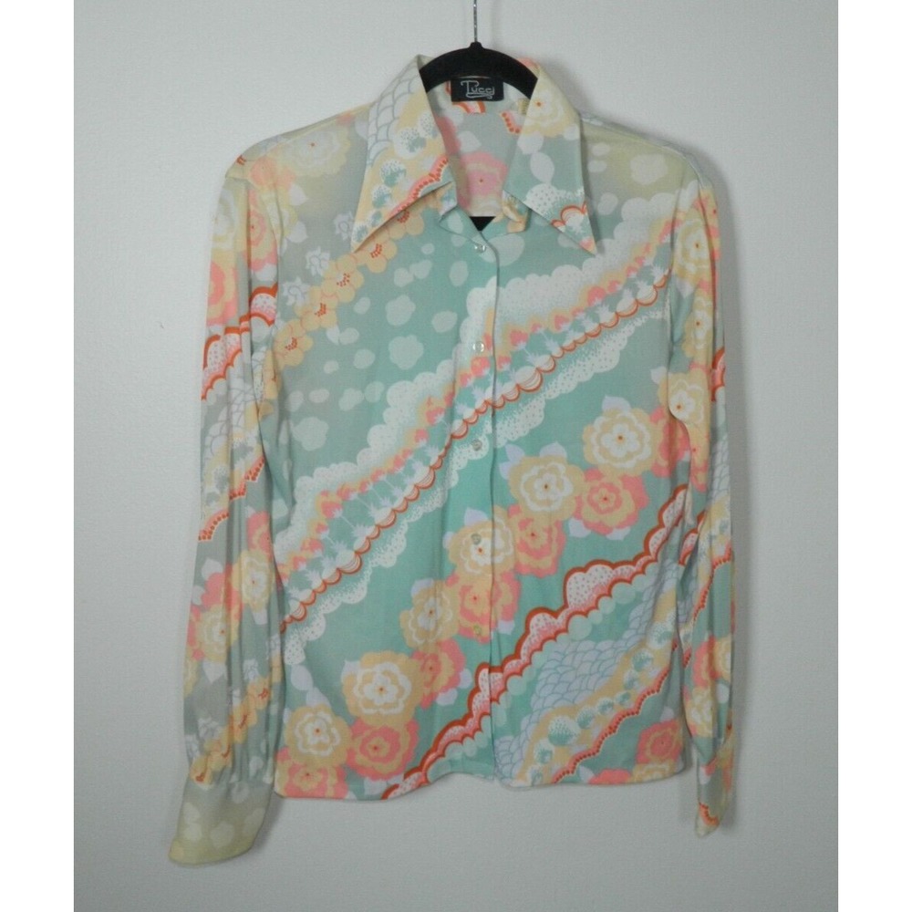 Vintage 70's Tucci Shirt Collared Size Small Blue Orange Pastel Disco‎